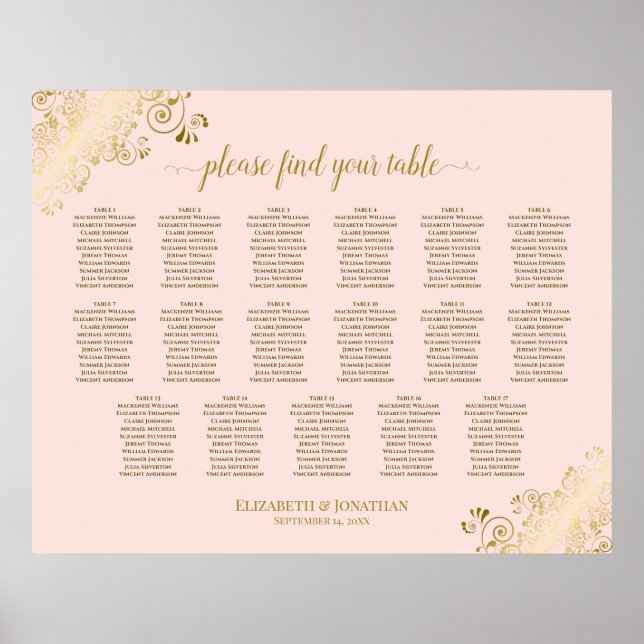 17 Tabelle Rosa und Gold Hochzeitskarte Poster (Vorne)