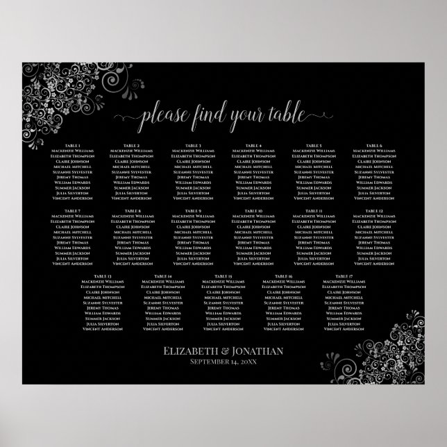 17 Tabelle Silver Frills Black Wedding Seating Cha Poster (Vorne)