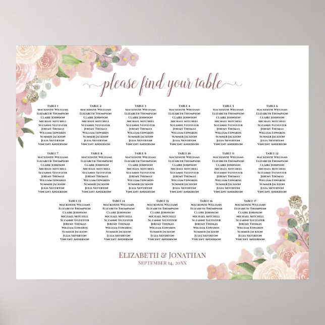 17 Tafelrosa Blumenmuster Hochzeitstabelle Poster (Vorne)