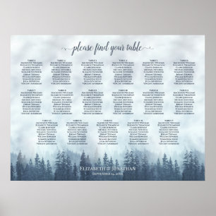 17 Tische Blau Kiefernwald Hochzeits-Sitzplan Poster
