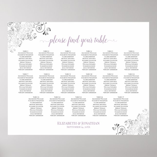 17 Tischlacy White Wedding Seating Chart Lavender Poster (Vorne)