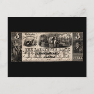 1837 Lafayette Bank Drei Dollar Note Postkarte