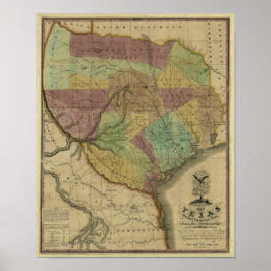 1837 Texas Map mit Teilen der angrenzenden Staaten Poster