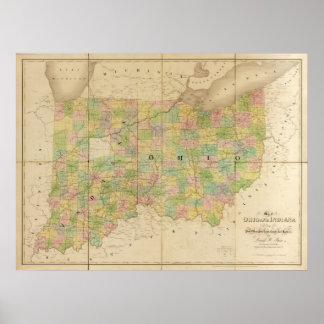 1839 Karte von Indiana & Ohio Poster