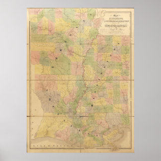 1839 Karte von Mississippi, Louisiana, & Arkansas Poster