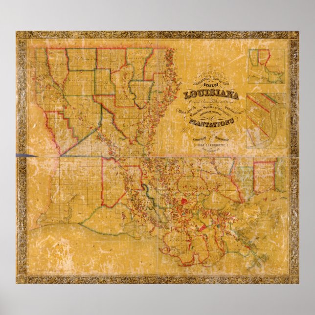 1848 Louisiana Plantations Karte Poster (Vorne)