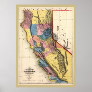 1851 California Gold Karte Sehr farbenfroh! Poster