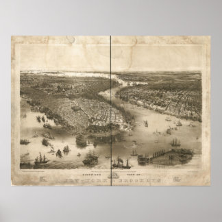 1851 New York & Brooklyn Birds Eye Panorama Karte Poster