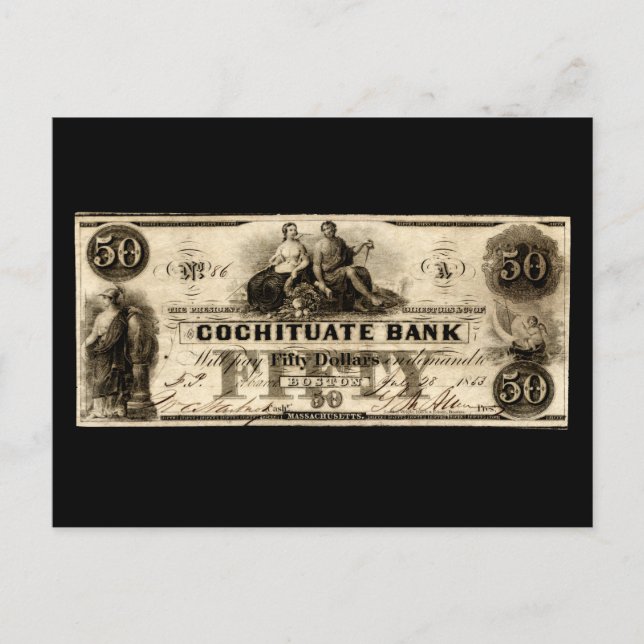 1853 Cochituate Fünfzig-Dollar-Note Postkarte (Vorderseite)