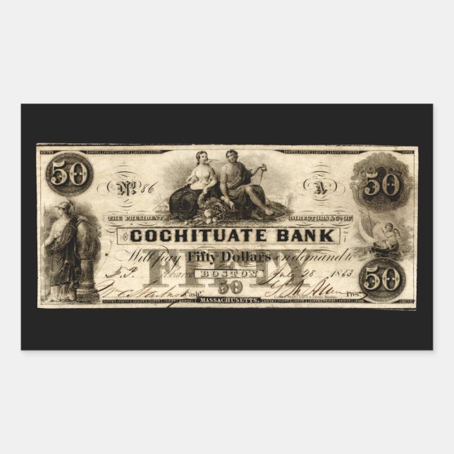 1853 Cochituate Fünfzig-Dollar-Note Rechteckiger Aufkleber (Vorderseite)