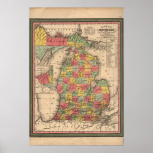 1853 Michigan Map, Vintag Poster
