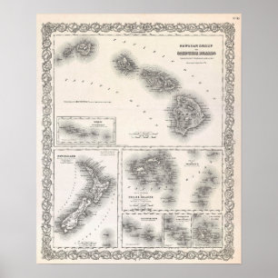 1855 Colton Map von Hawaii und Neuseeland Poster