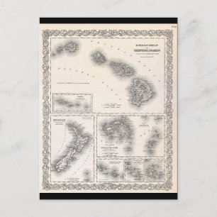 1855 Colton Map von Hawaii und Neuseeland Postkarte