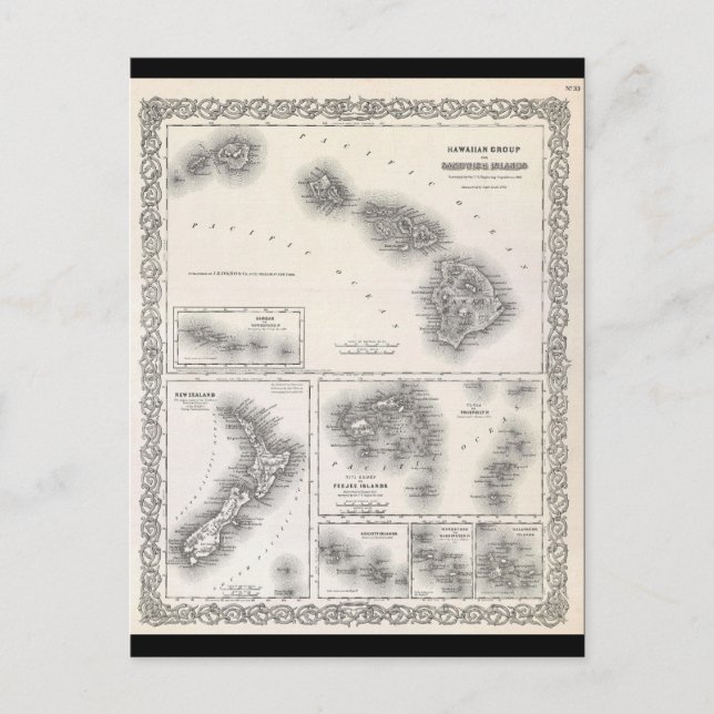 1855 Colton Map von Hawaii und Neuseeland Postkarte (Vorderseite)