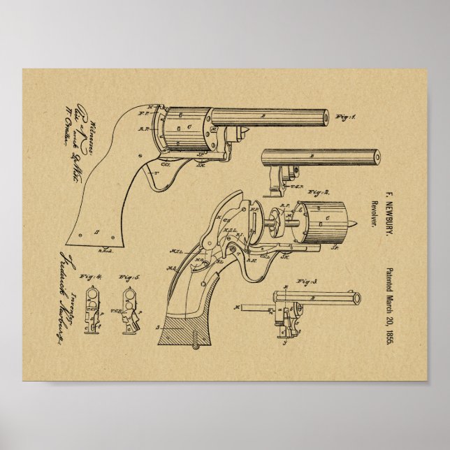 1855 Gun Revolver Patent Art Zeichnend Print Poster (Vorne)