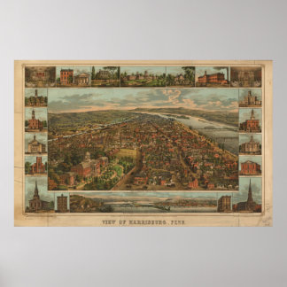 1855 Harrisburg, PA Birds Eye Panoramablick Karte Poster