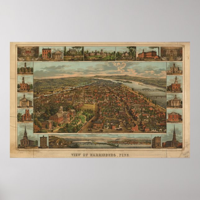 1855 Harrisburg, PA Birds Eye Panoramablick Karte Poster (Vorne)