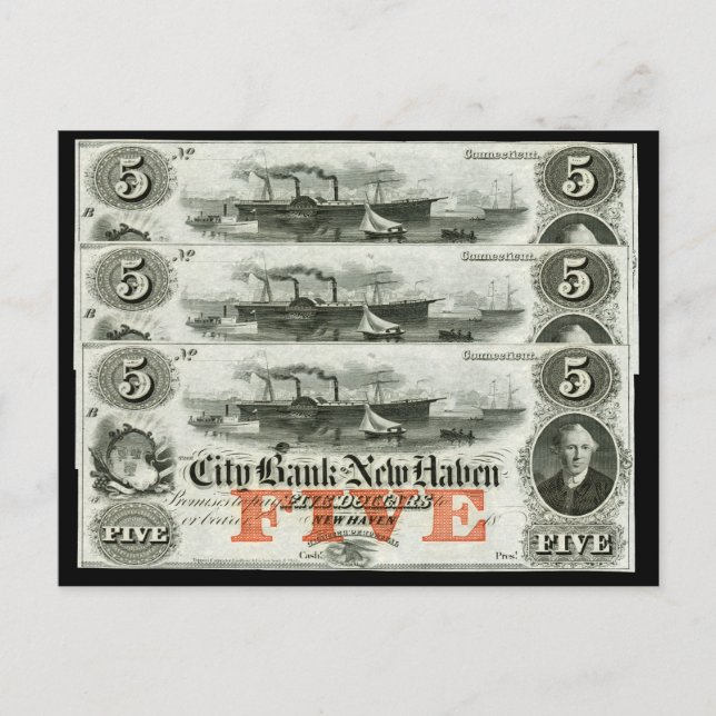1855 New Haven Five Dollar Note Postkarte (Vorderseite)