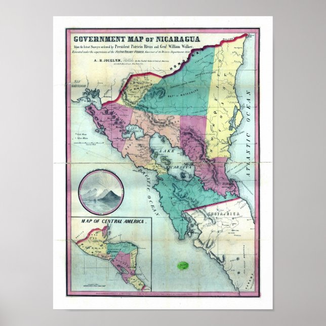 1856 Government Map of Nicaragua by A.H. Jocelyn Poster (Vorne)
