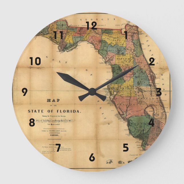 1856 Karte des Staat Florida durch Kolumbus Gezeic Große Wanduhr (Vorderseite)