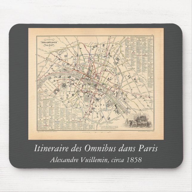 1858 Karte: Itineraire des Omnibus dans Paris Fran Mousepad (Vorne)