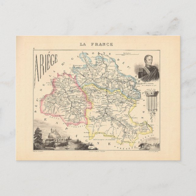1858 Map of Ariege Department, Frankreich Postkarte (Vorderseite)