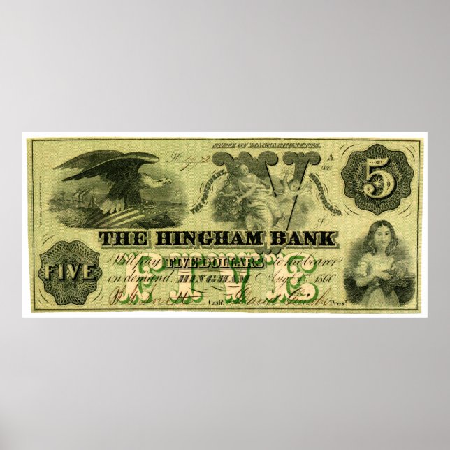 1860 Hingham Massachusetts 5 Dollar Note Poster (Vorne)