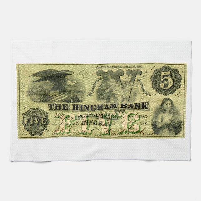 1860 Hingham Massachusetts Fünf-Dollar-Note Geschirrtuch (Horizontal)