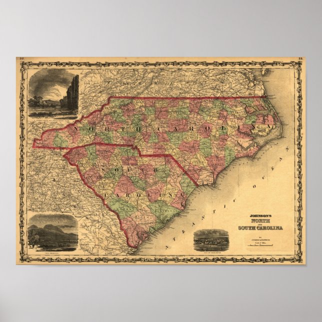1861 North Carolina und South Carolina Karte Poster (Vorne)