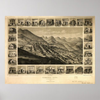 1861 Virginia City NV Birds Eye Panoramablick Kart Poster