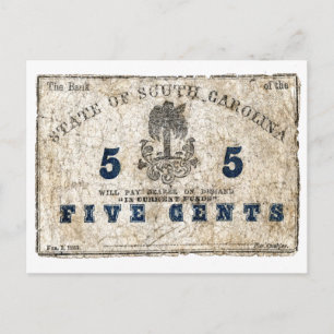 1863 South Carolina 5 Cent Note Postkarte