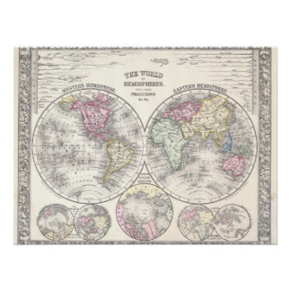 1864 Mitchell Karte der Welt auf Hemisphären-Proje Poster