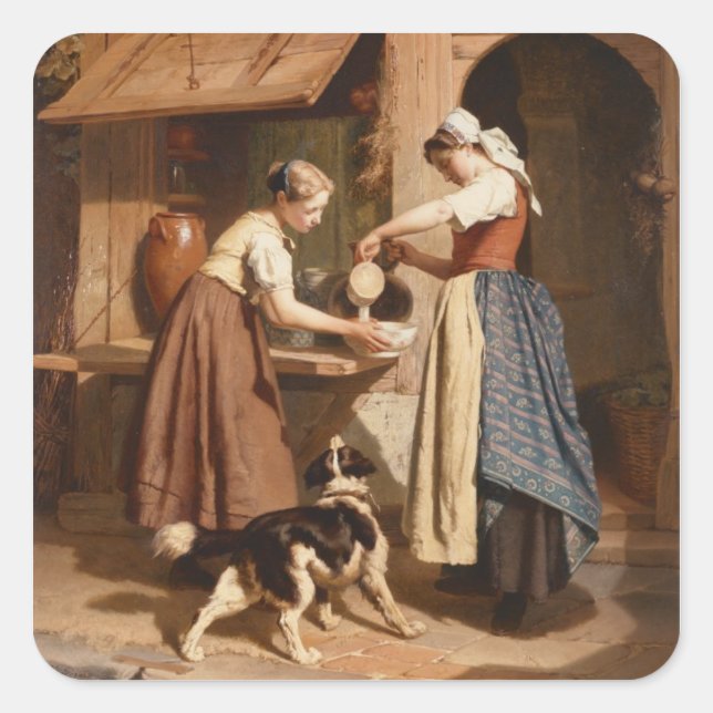 1866 bei der Dairy (Öl auf Panel) Quadratischer Aufkleber (Vorderseite)