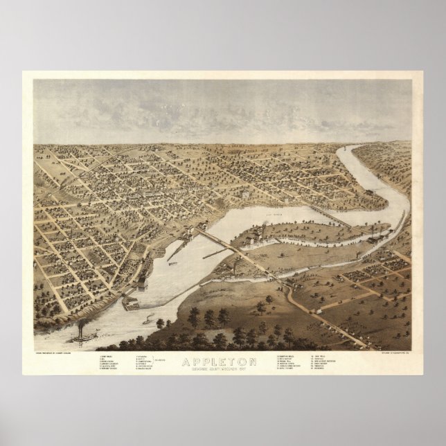 1867 Appleton, WI Birds Eye Panoramablick Karte Poster (Vorne)
