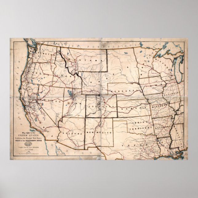 1867 Karte von STAGECOACH und MAIL ROUTES Poster (Vorne)