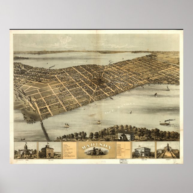 1867 Madison, WI Birds Eye Panoramablick Karte Poster (Vorne)