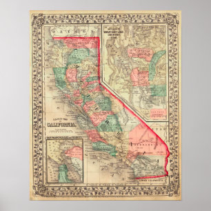 1867 Map, Kalifornien, Vintag Poster