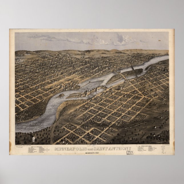 1867 Minneapolis & St. Paul , MN Panoramabalkarte Poster (Vorne)