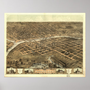 1868 Des Moines, IA Birds Eye Panoramablick Karte Poster