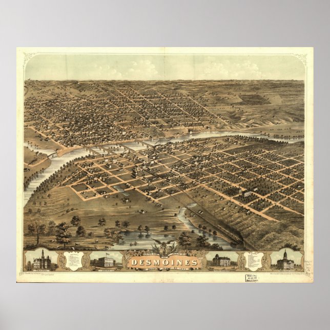 1868 Des Moines, IA Birds Eye Panoramablick Karte Poster (Vorne)