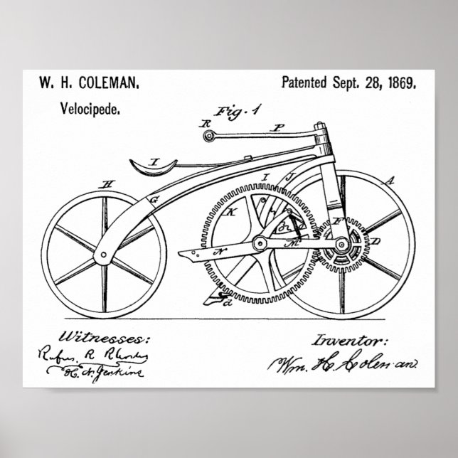 1869 Chainless Bicycle Patent Art Zeichnend Print Poster (Vorne)