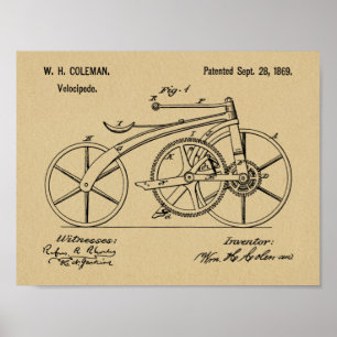 1869 Chainless Bicycle Patent Art Zeichnend Print Poster