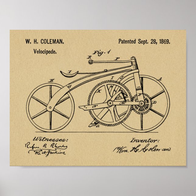 1869 Chainless Bicycle Patent Art Zeichnend Print Poster (Vorne)