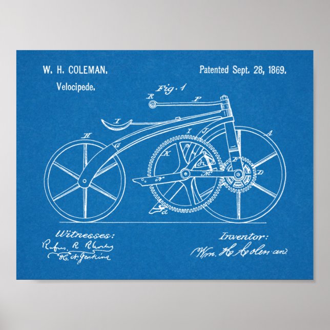 1869 Chainless Bicycle Patent Art Zeichnend Print Poster (Vorne)