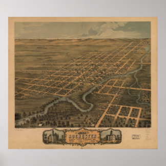 1869 Rochester, MN Birds Eye Panoramablick Karte Poster