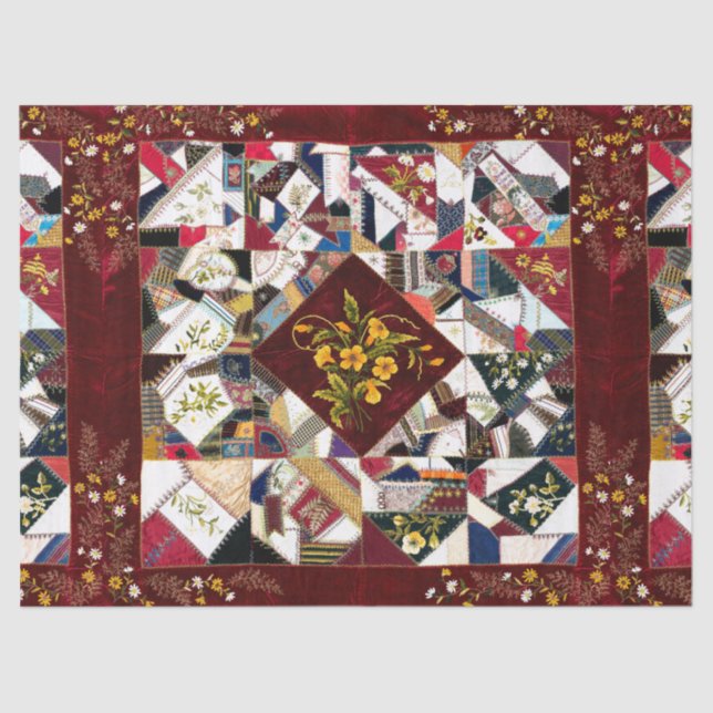 1870 Patchwork Quilt Floral Stickerei Seidenpapier (Vorderseite)