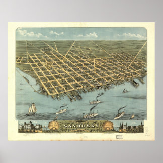 1870 Sandusky, OH Vögel Augen Panoramakarte Poster