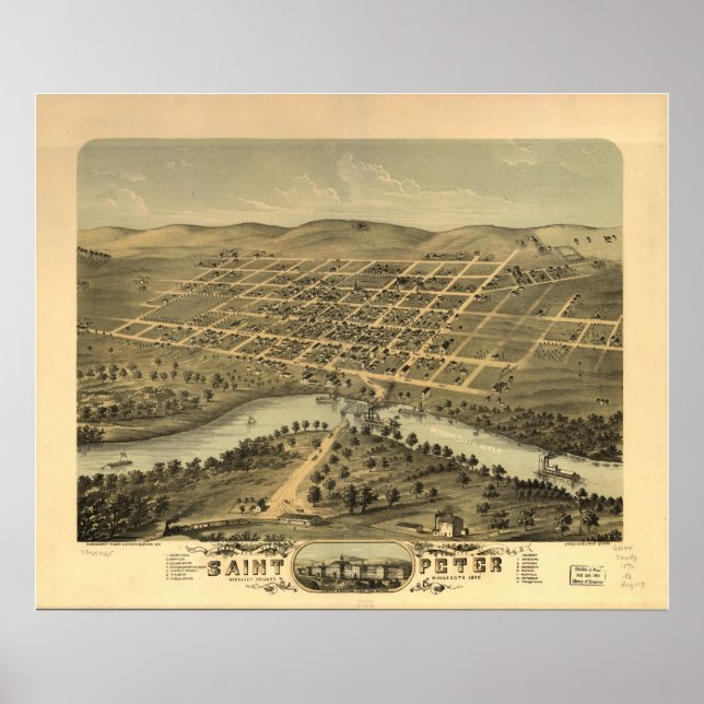 1870 St. Peter, MN Birds Augen Panoramablick Karte Poster (Vorne)