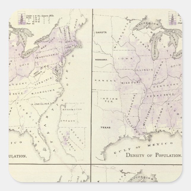1870 United Staaten Census maps Quadratischer Aufkleber (Vorderseite)