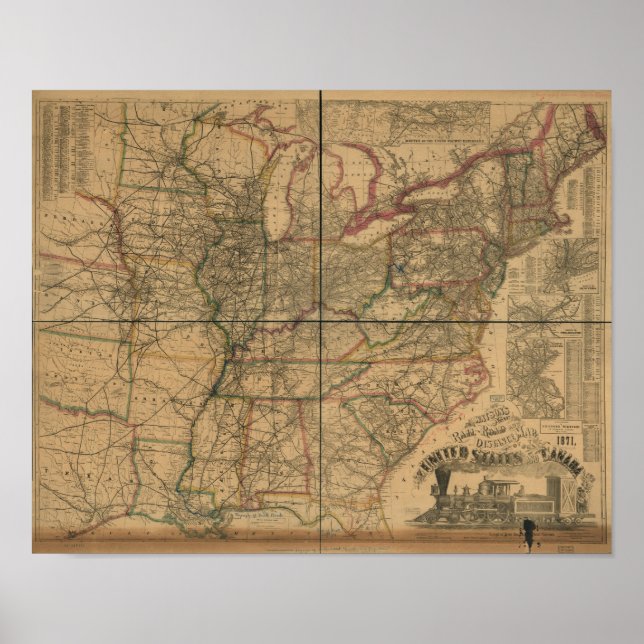 1871 Eisenbahn und Distance Map of U.S. & Kanada Poster (Vorne)